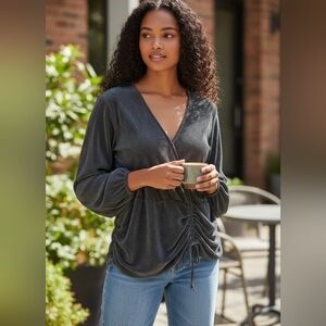 XL Elegant Black Micro Pleated Women's Cinched Wrap Top By Absolutely Famous